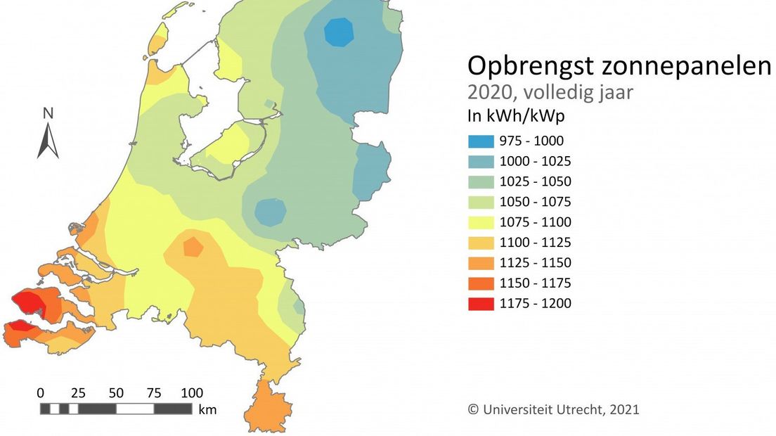 Kaart van opbrengst zonnepanelen per regio, Vlissingen scoort het best