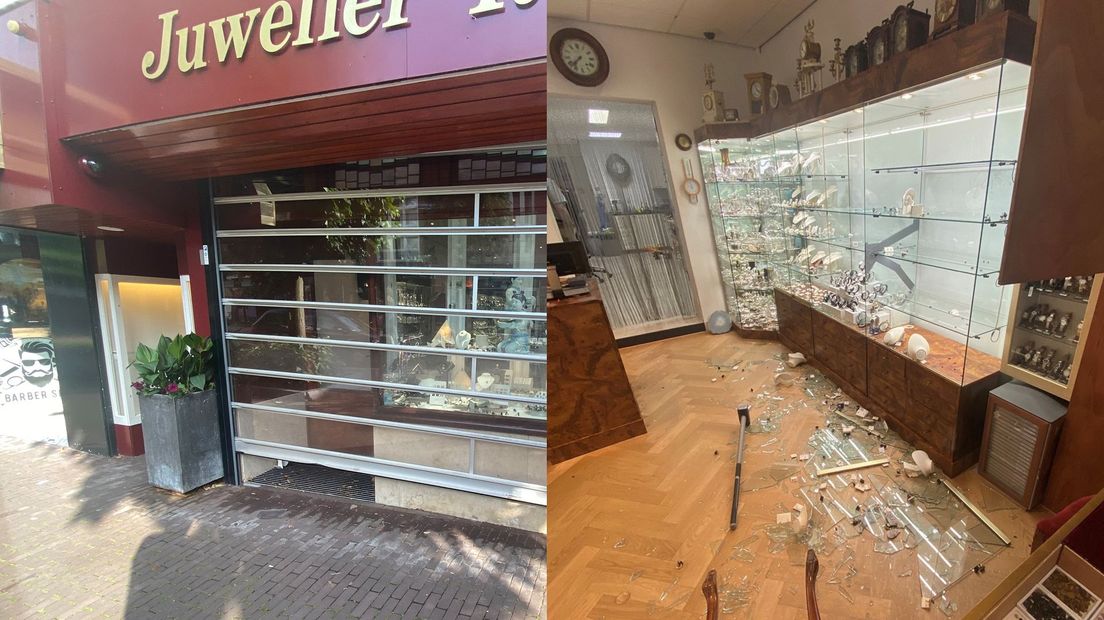 Het geforceerde rolluik (l) en de schade in de winkel (r)