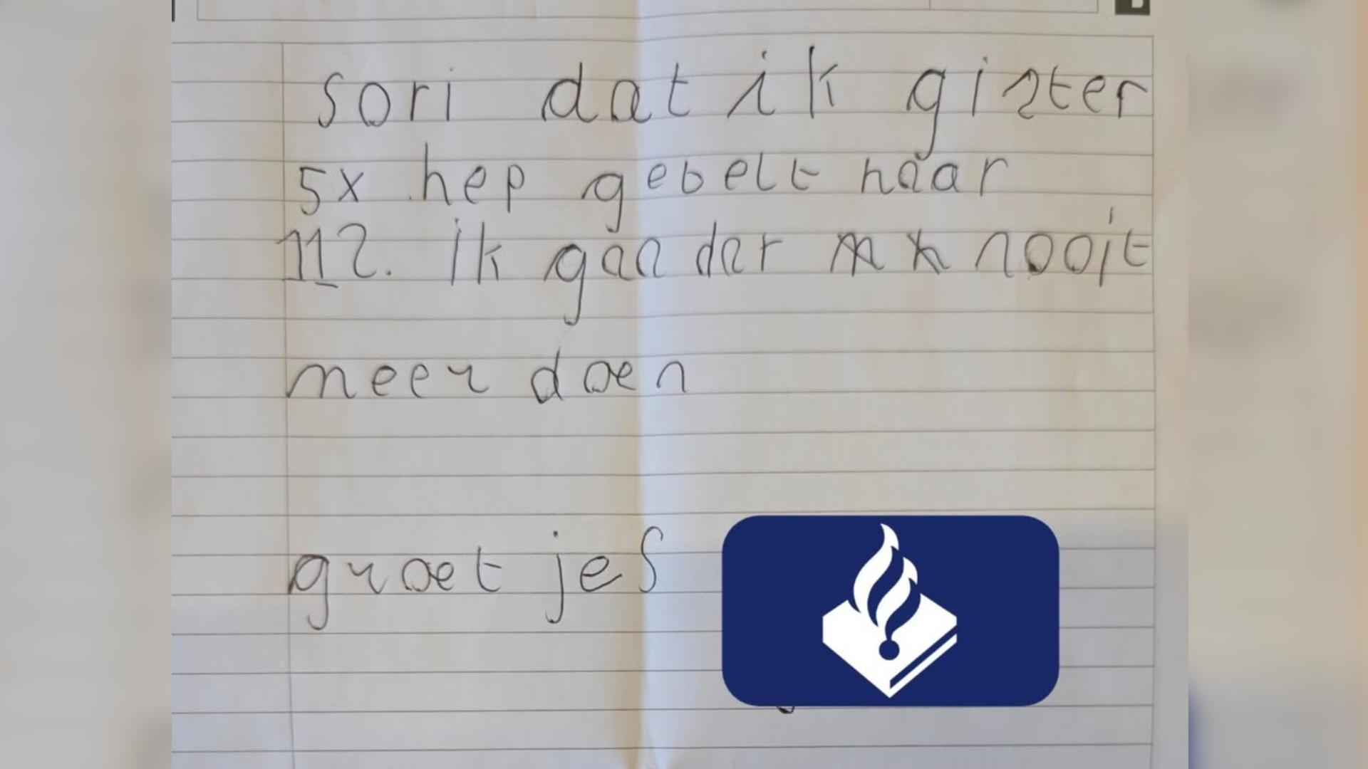 Jongen biedt excuses aan met briefje voor onnodig bellen met 112