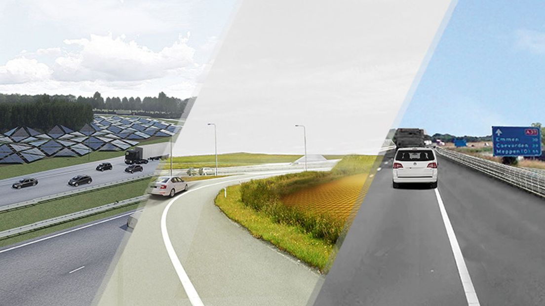ideeën voor de zonneroute langs de A37 waarbij snelweg en zonnepanelen worden gecombineerd (Rechten: v.l.n.r. IAA/Studio Marco Vermeulen/Posad)