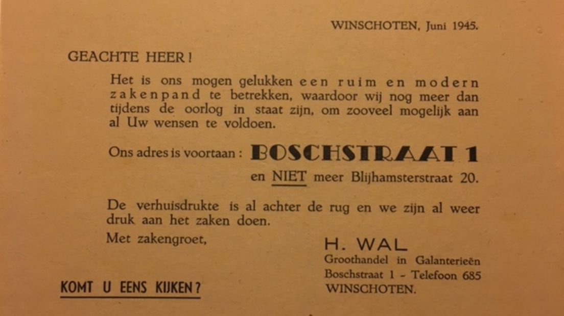 Een verhuisbericht dat Hennie Wal in 1945 naar buiten bracht