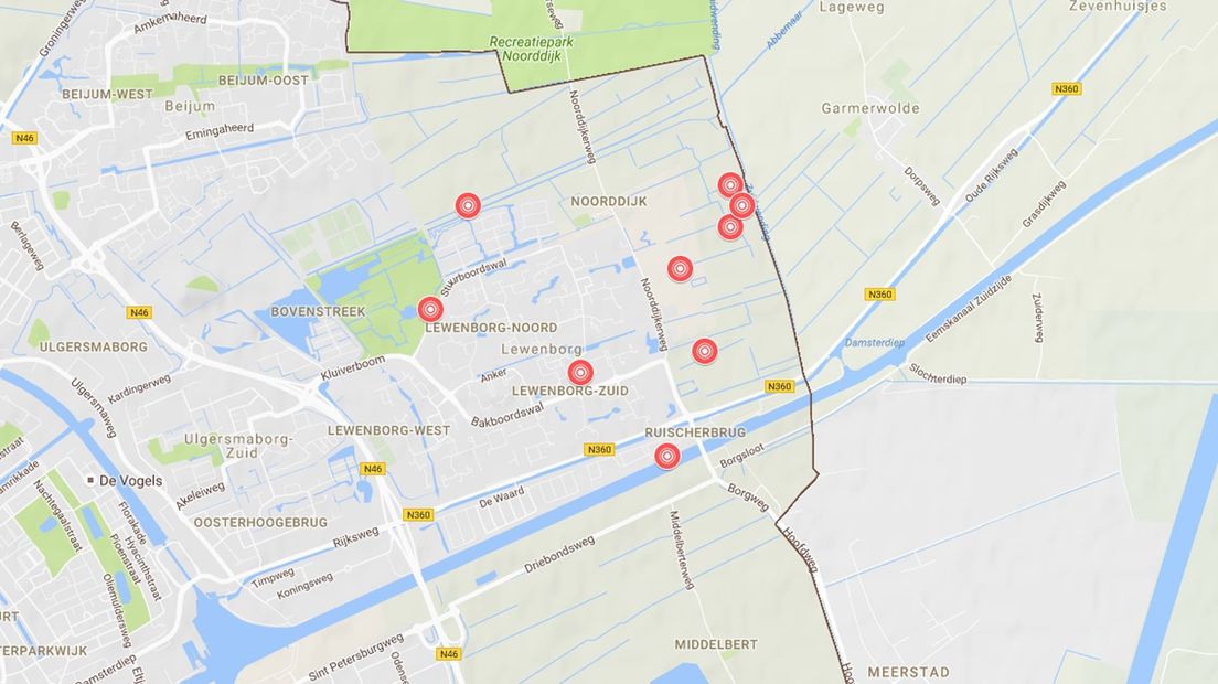 Epicentra van aardbevingen die aan veelal Garmerwolde zijn toegekend