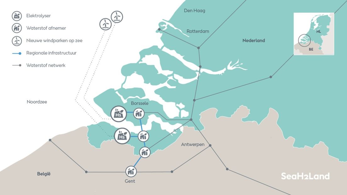 Schematische weergave van plannen voor Zeeuwse waterstoffabriek SeaH2Land