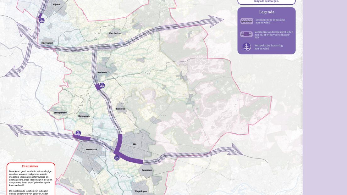 Mogelijke locaties voor windturbines en/of zonnevelden.