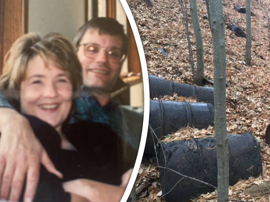 Sandy Wynn-Stelt en haar wijlen echtgenoot Joel (l) en gedumpte vaten (r)