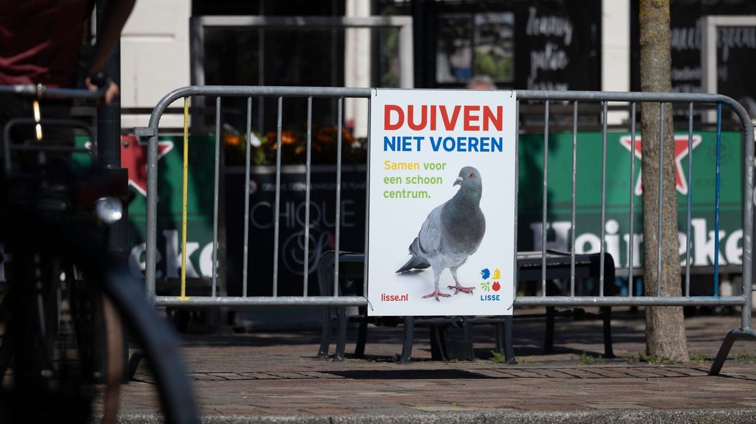 Bord in centrum Lisse met daarop 'Duiven niet voeren'