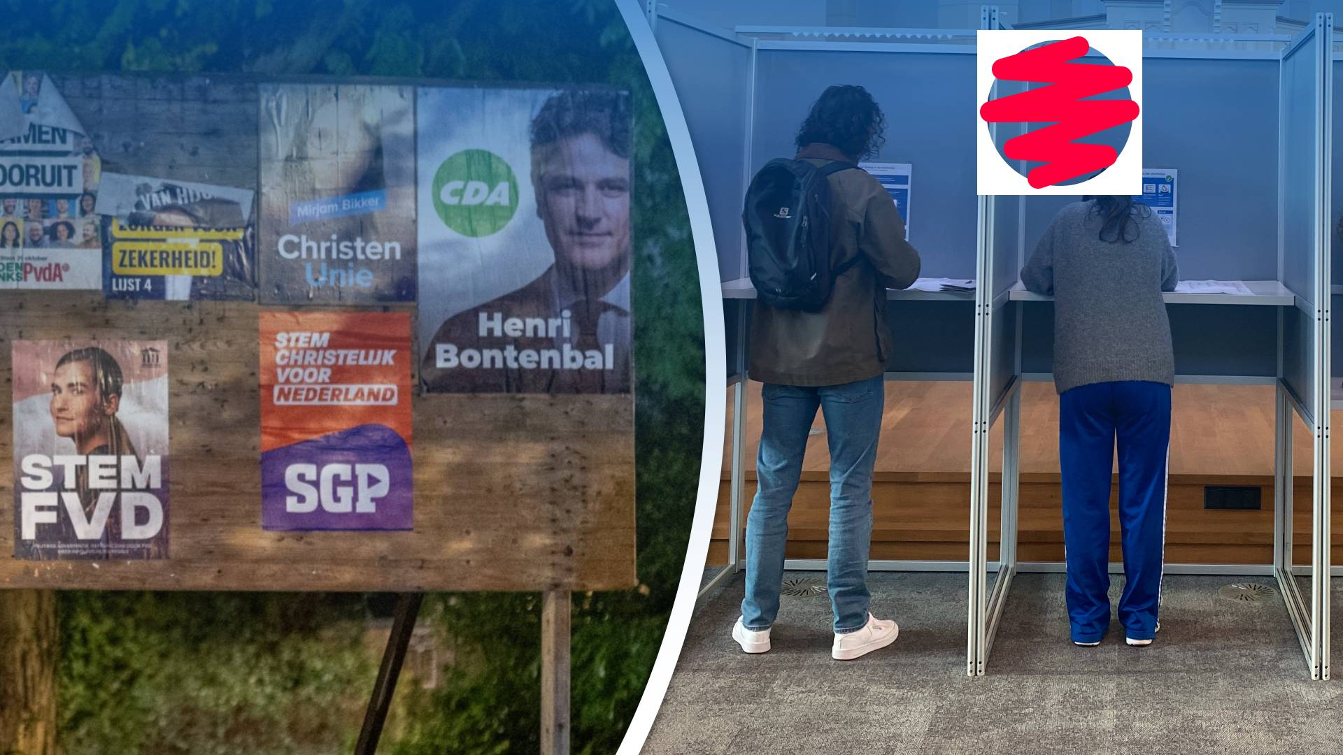 foto van een verkiezingsbord en een stemhokje