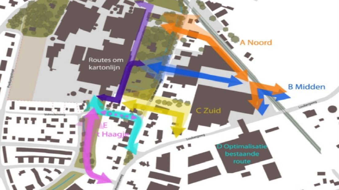 Bewoners willen graag aanrijroute B door industrieel gebied, maar provincie Gelderland heeft gekozen voor route E door de groenstrook