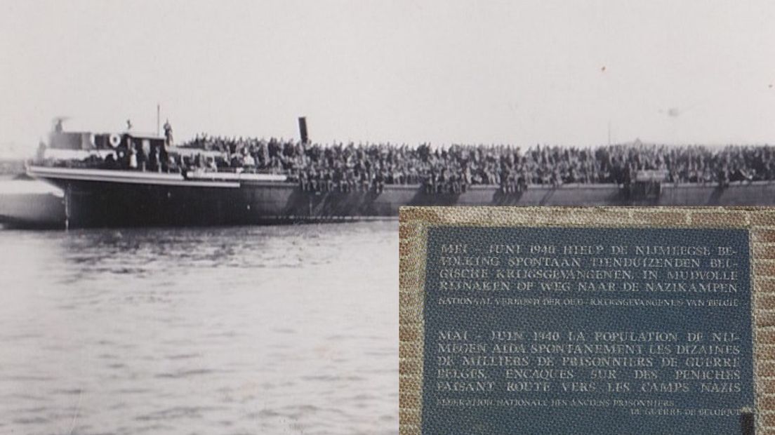 een stampvolle rijnaak met gevangenen - inzet: de plaquette aan de Waalkade - publiek domein