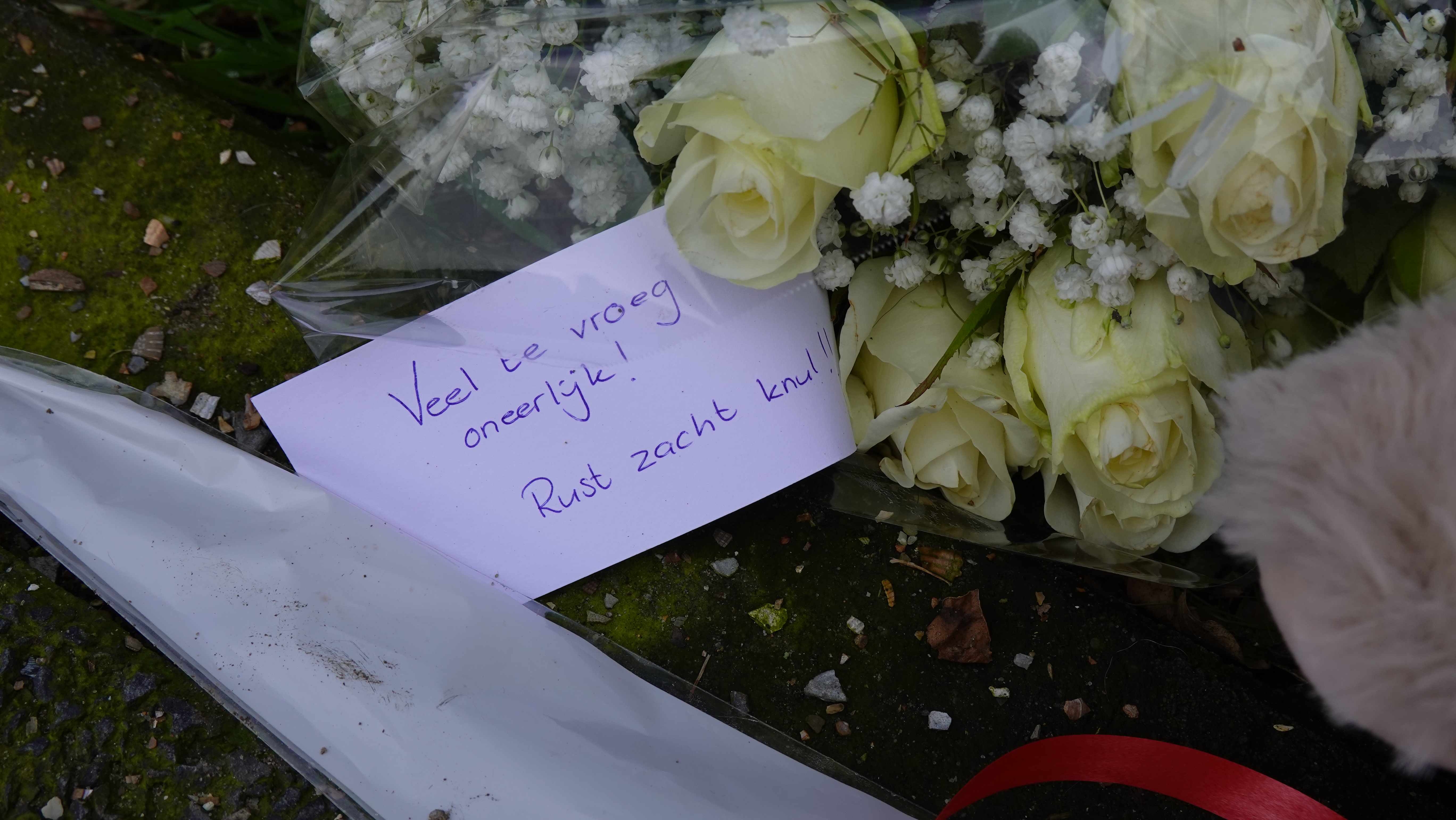 Veel te vroeg. Oneerlijk. Rust zacht knul! staat op een briefje bij de bloemenzee voor het 13-jarige slachtoffer