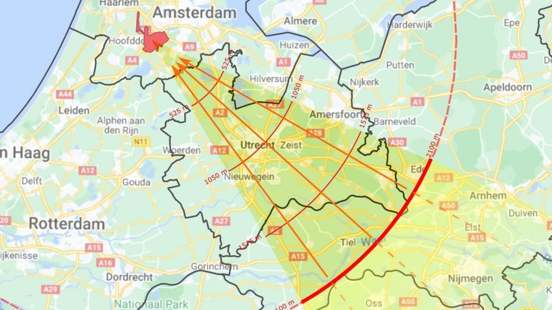 Illustratie die is gebruikt om de mogelijke vliegroute in kaart te brengen