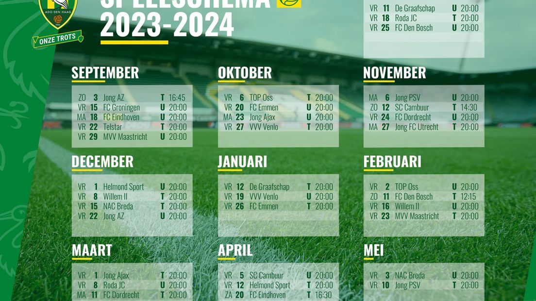 Definitieve speelschema ADO Den Haag seizoen 2023/2024
