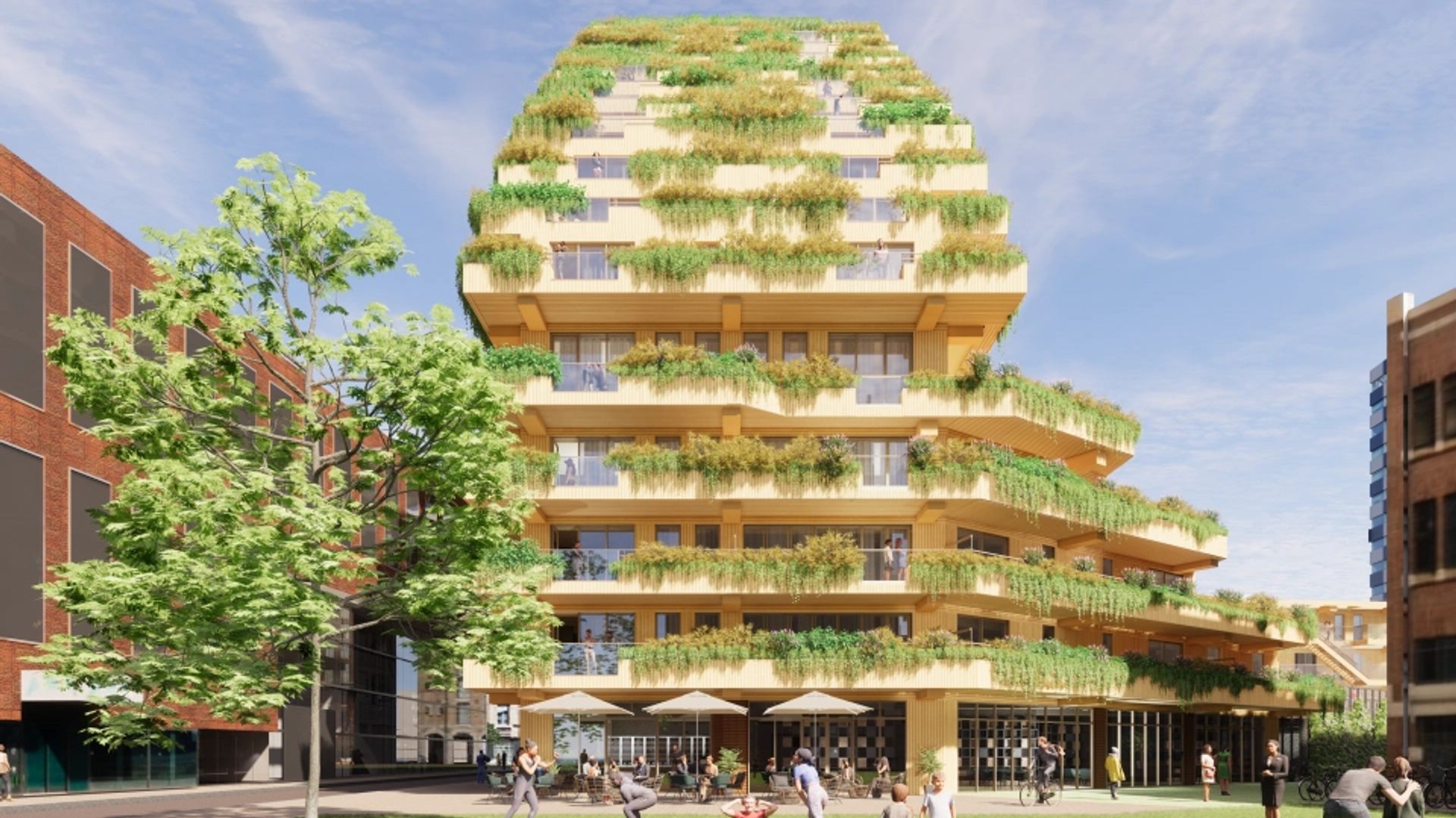 Een impressie van houten woontoren SAWA.