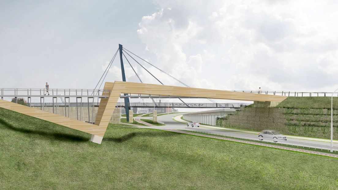 Een impressie van de nieuwe houten brug in Delfzijl