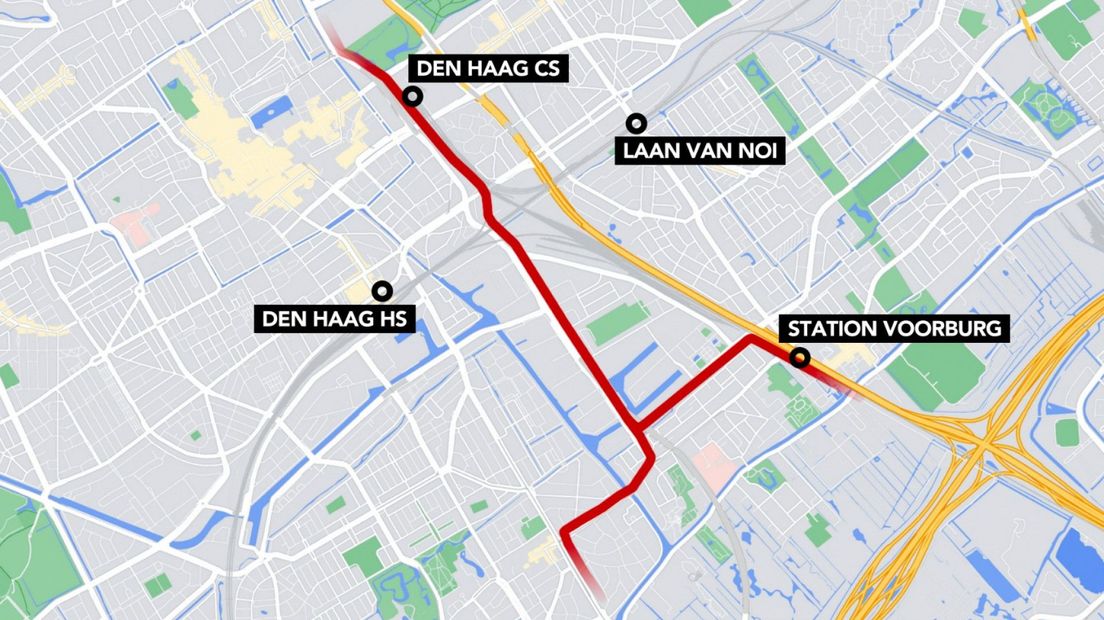 De nieuwe tramlijn loopt van Den Haag CS via de Binckhorst naar station Voorburg en naar Delft