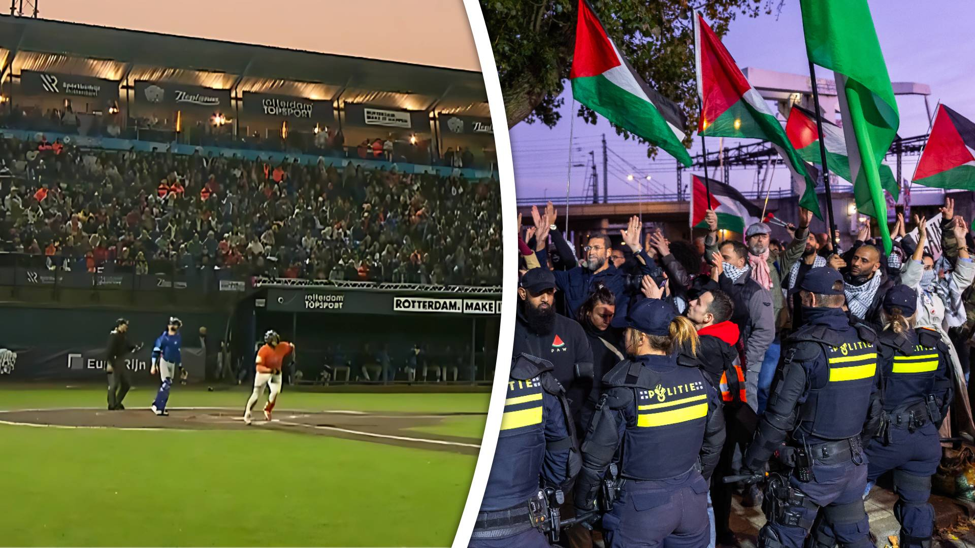 Terwijl het stadion vol zit, wordt voor de deur gedemonstreerd.