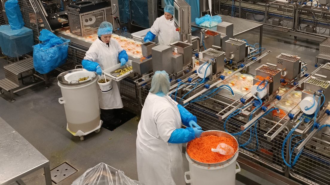 De fabriekshal waar ook de augurkenschijfjes en stukjes wortel nog met de hand op de salades worden gedrapeerd