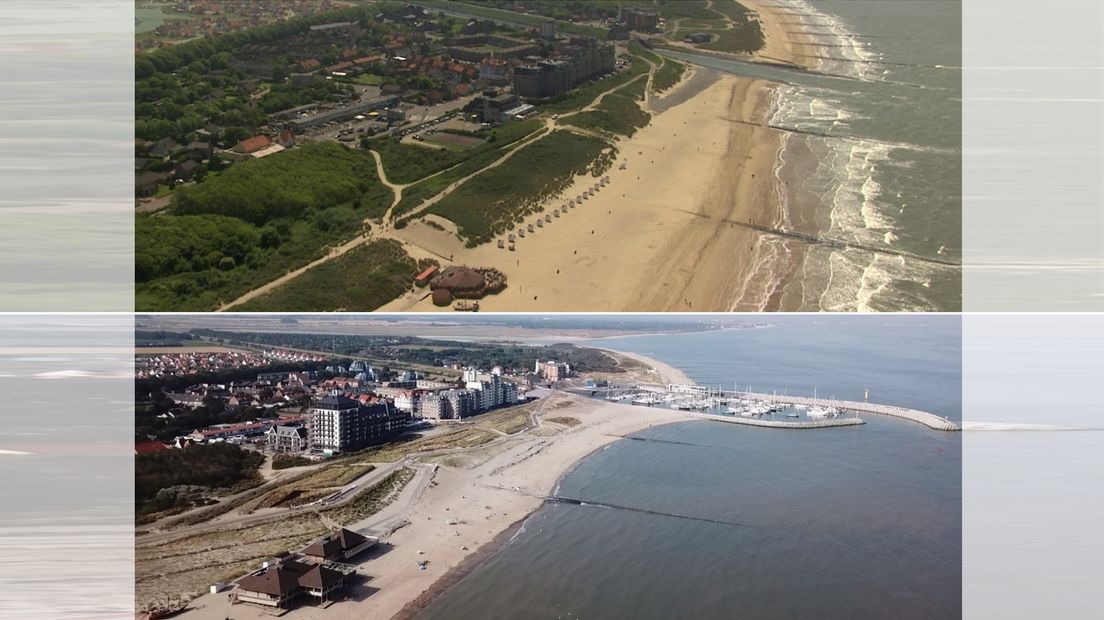 Cadzand-Bad. Boven in de lente van 2013, onder in de zomer van 2018.