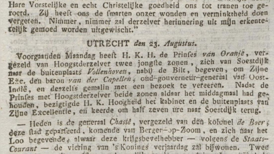 Krantenbericht over koninklijk bezoek op 23 augustus 1833
