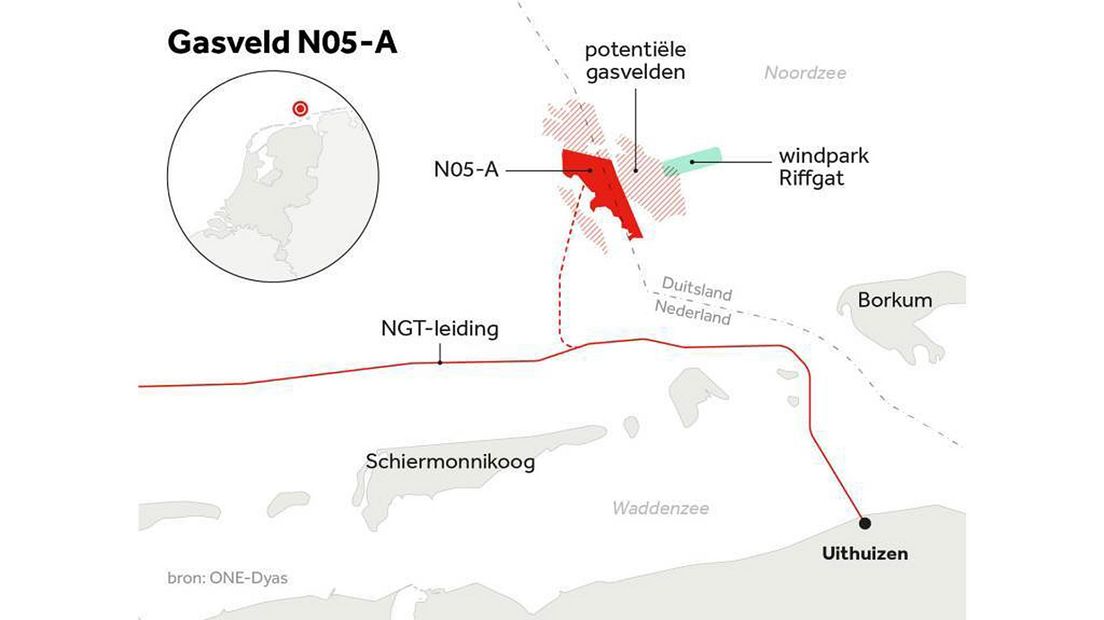 De locatie van het gasveld boven Schiermonnikoog en Borkum