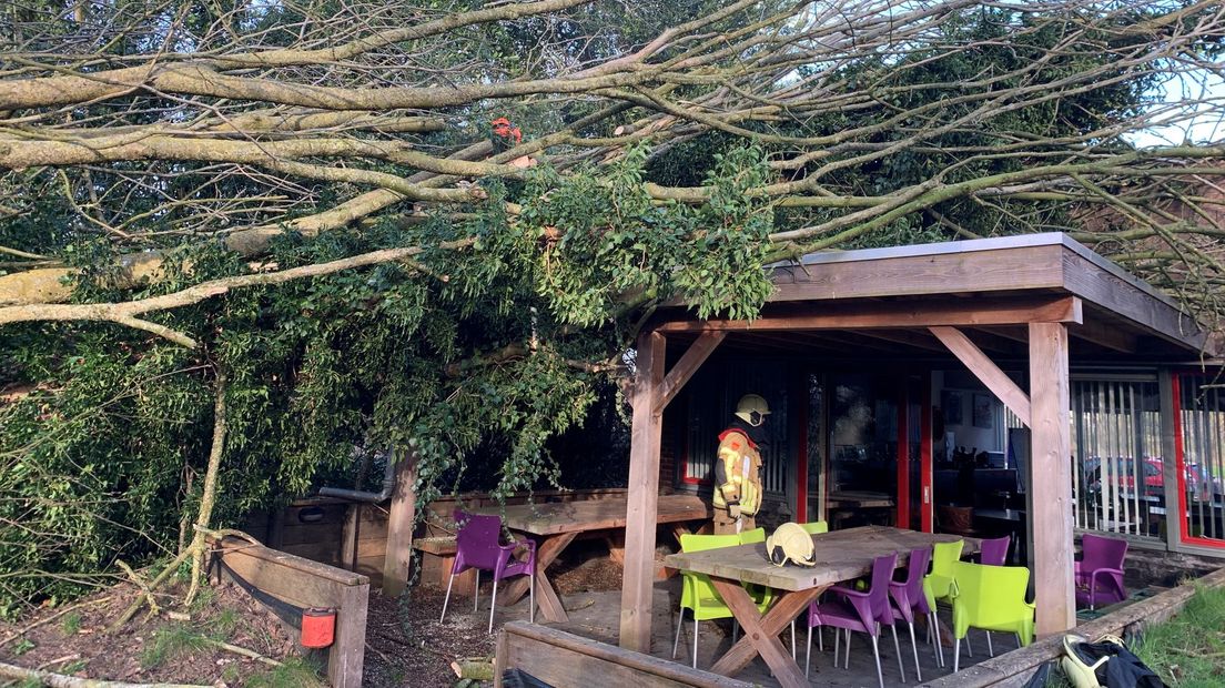 De overkapping die grenst aan de kantine van de brandweerkazerne werd door de boom geraakt.