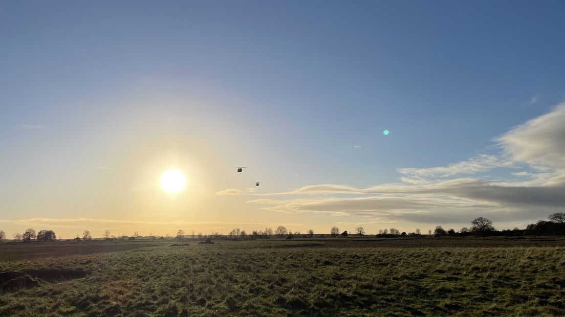 Chinooks vliegen laag over het Dwingelderveld