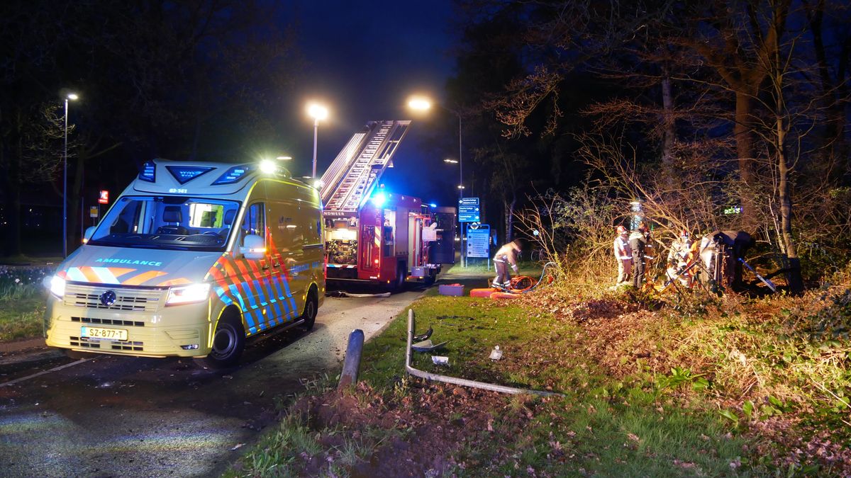 Auto belandt op zijn kant in de bosjes in Emmen