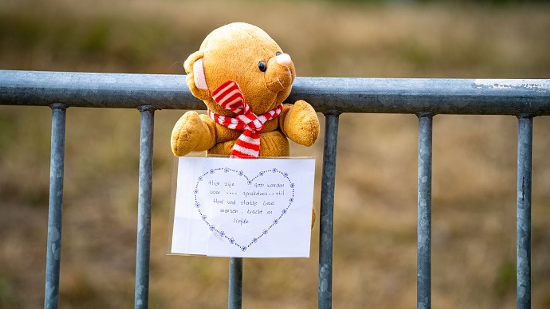 Troostbeertje, opgehangen aan een hek op de Zuidzijdsedijk