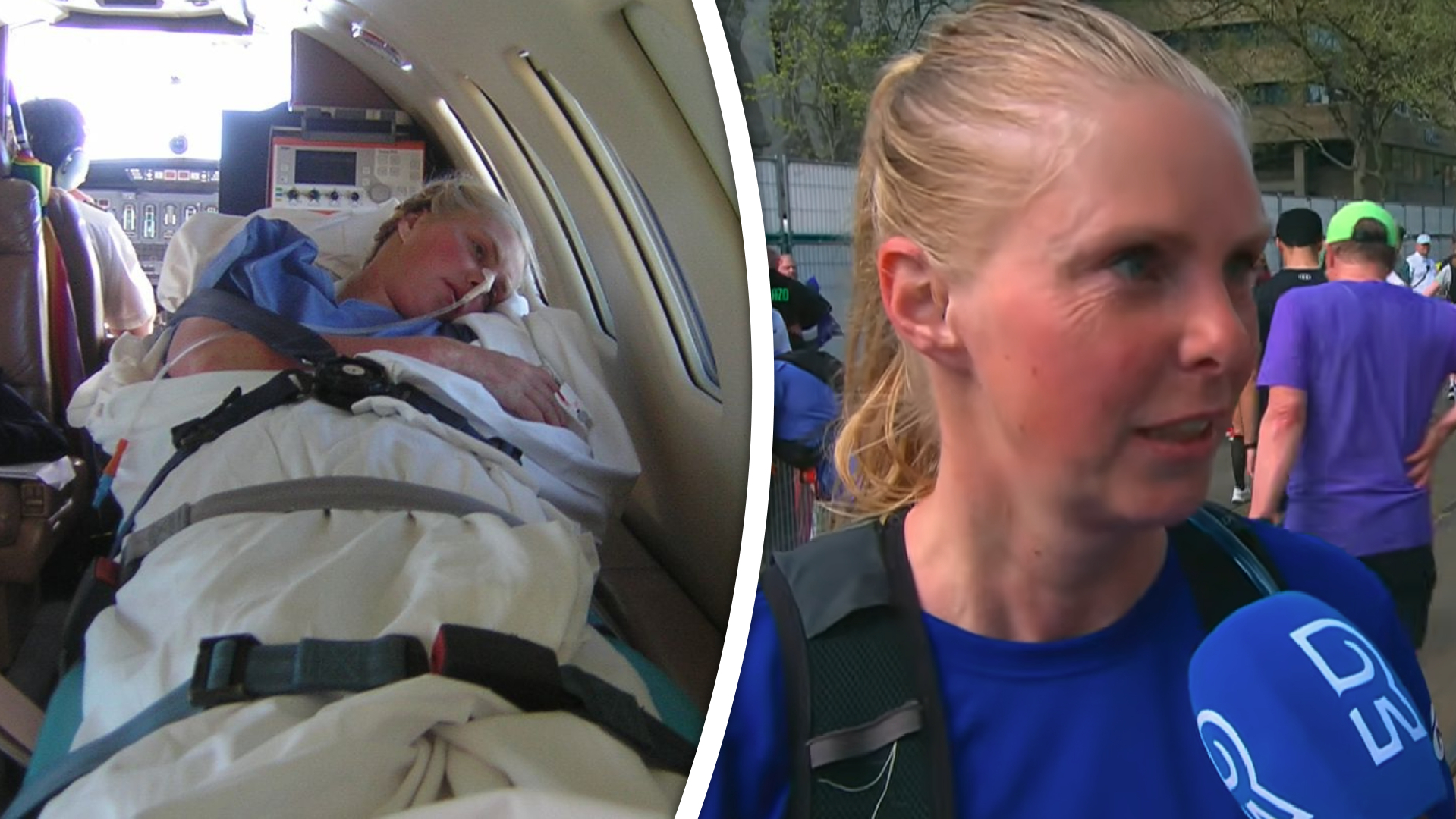 L Lindsay in het ambulancevliegtuig terug naar Rotterdam, R Lindsay na de NN Marathon Rotterdam in 2026