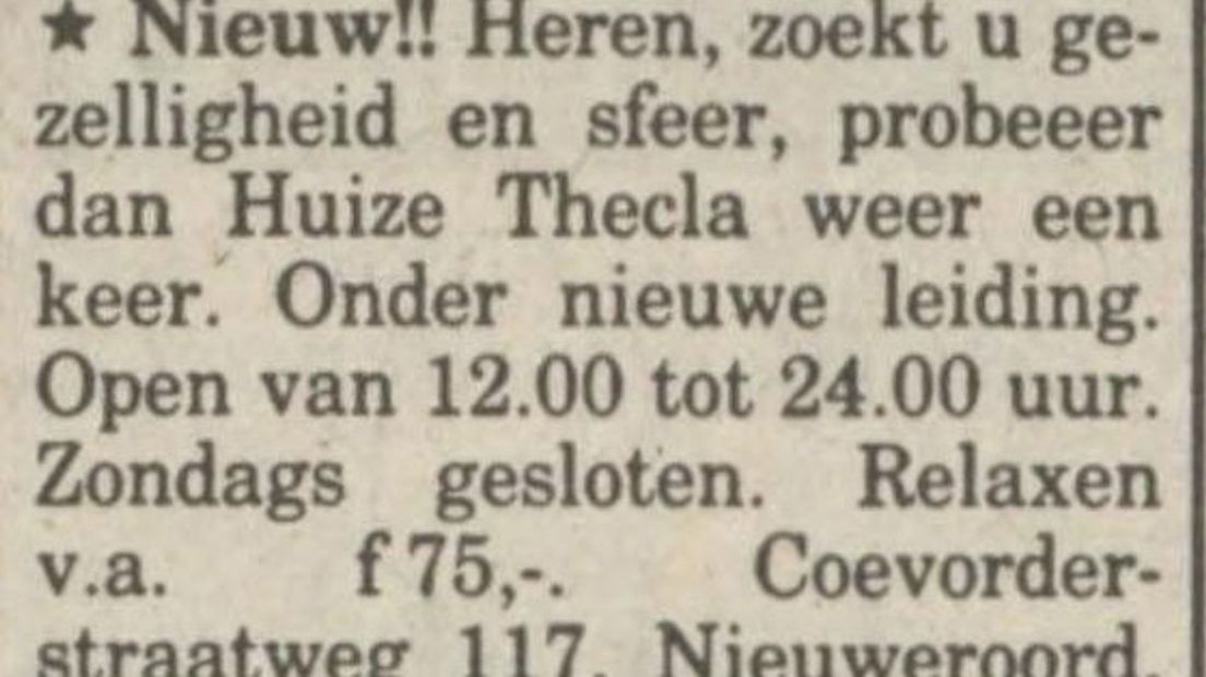 advertentie uit 1985 van Huize Thecla (Rechten: Delpher)