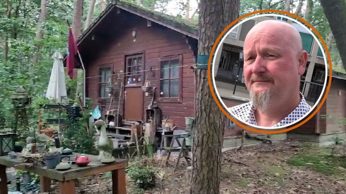 Marco Besseling en het huisje waar hij woont op het Arnhemse park van Peter Gillis.