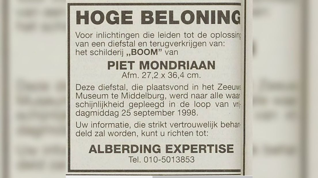De advertentie waarmee de dieven van De Boom uit de tent werden gelokt