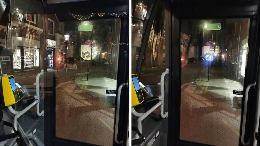 Links het vertekende beeld door het kuchscherm, rechts het daadwerkelijke beeld