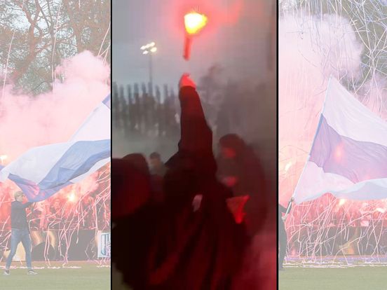 VIDEO: Supporters gooien met fakkels tijdens derby Rijnsburgse Boys - Quick Boys