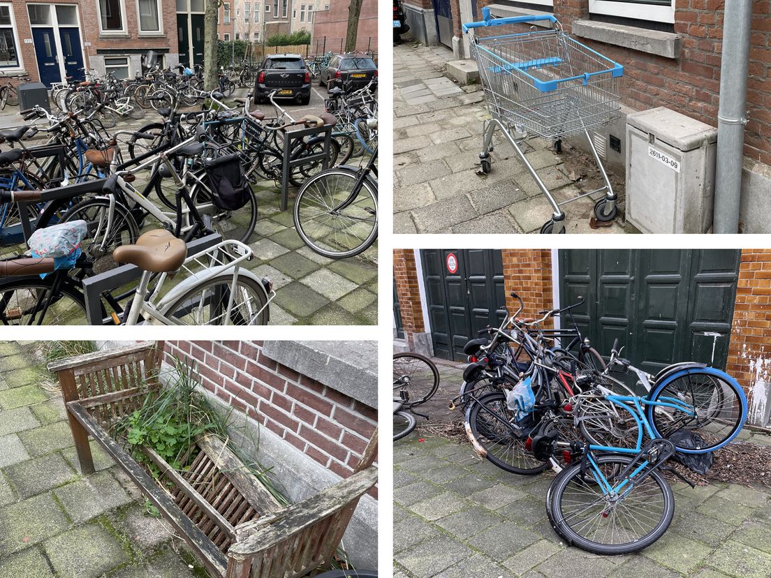Foto's in Kralingen van kapot straatmeubilair, gedumpt winkelwagentje en fietswrakken