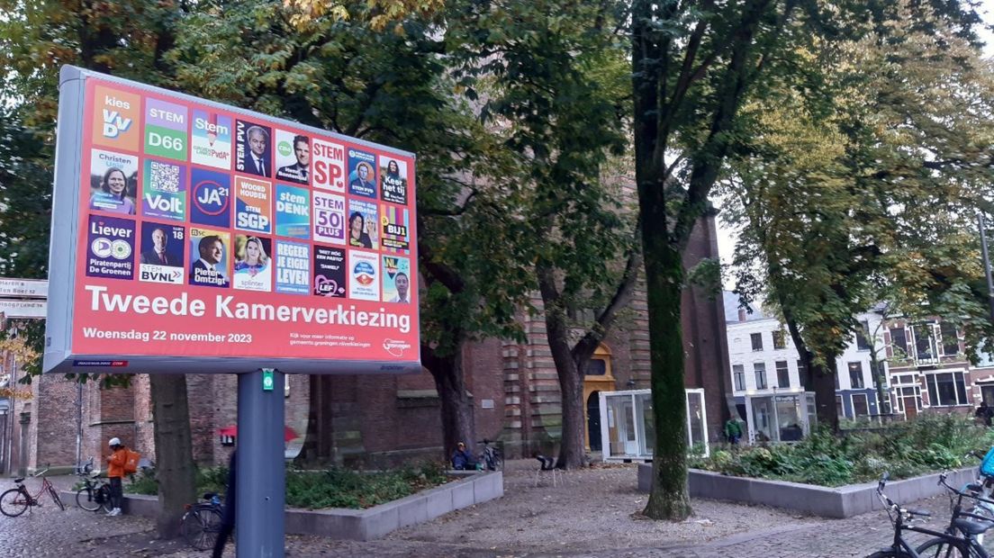Verkiezingsbord voor de aanstaande Tweede Kamerverkiezingen op het Akerkhof in Stad