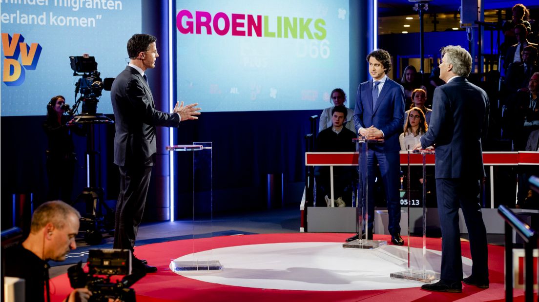 Mark Rutte en Jesse Klaver tijdens een verkiezingsdebat.