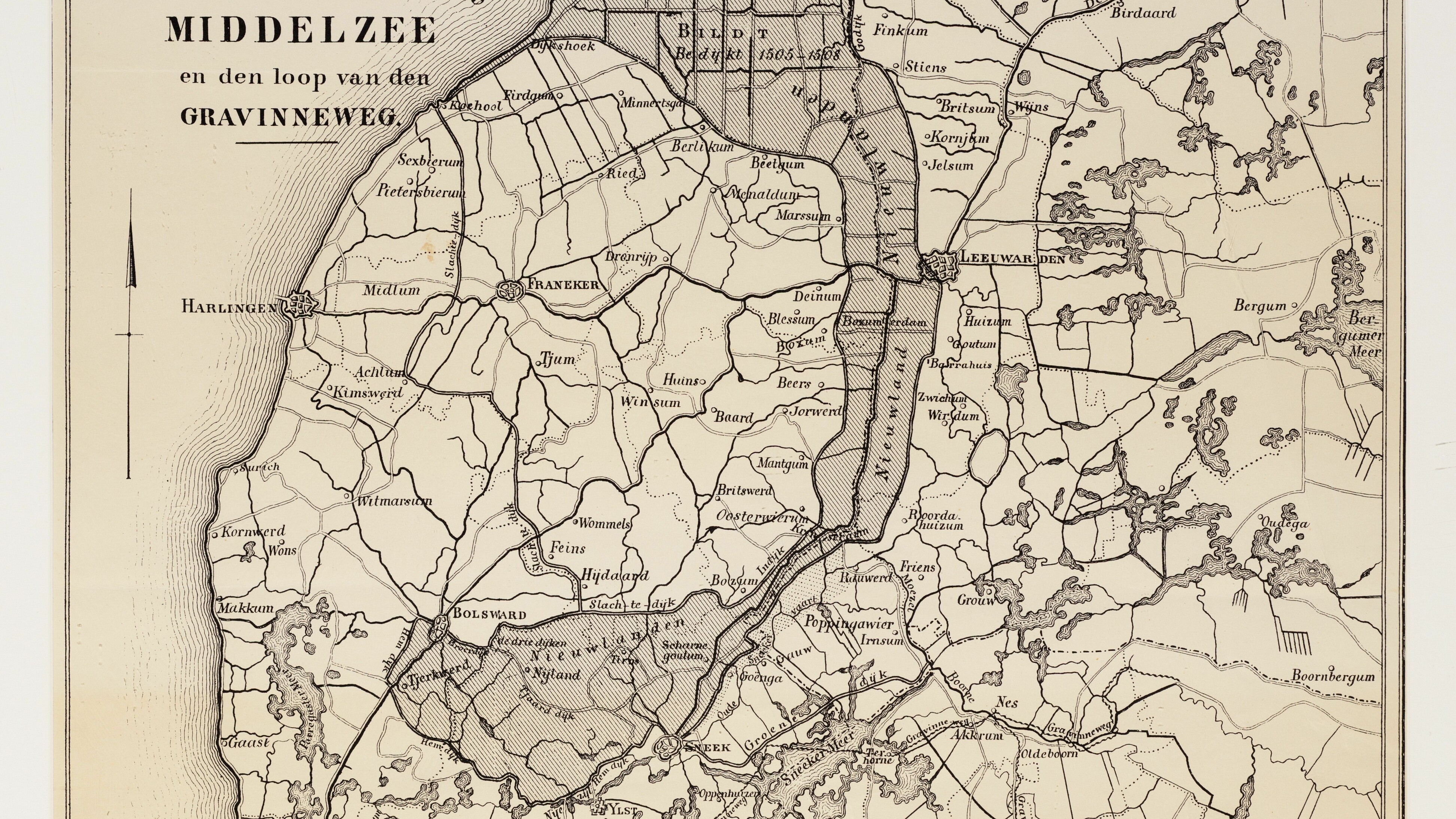 De voormalige Middelzee op een 19e-eeuwse kaart