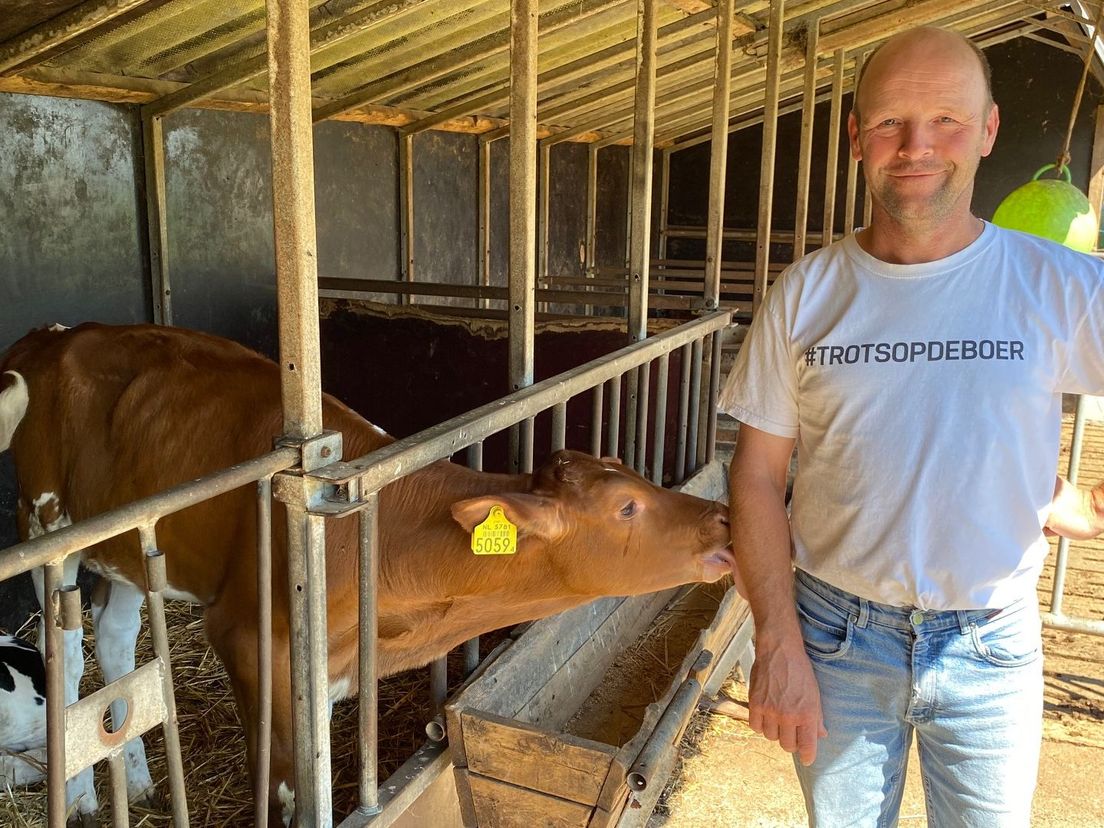 Bert Poot bij enkele koeien in zijn kleine familiebedrijf in Rockanje