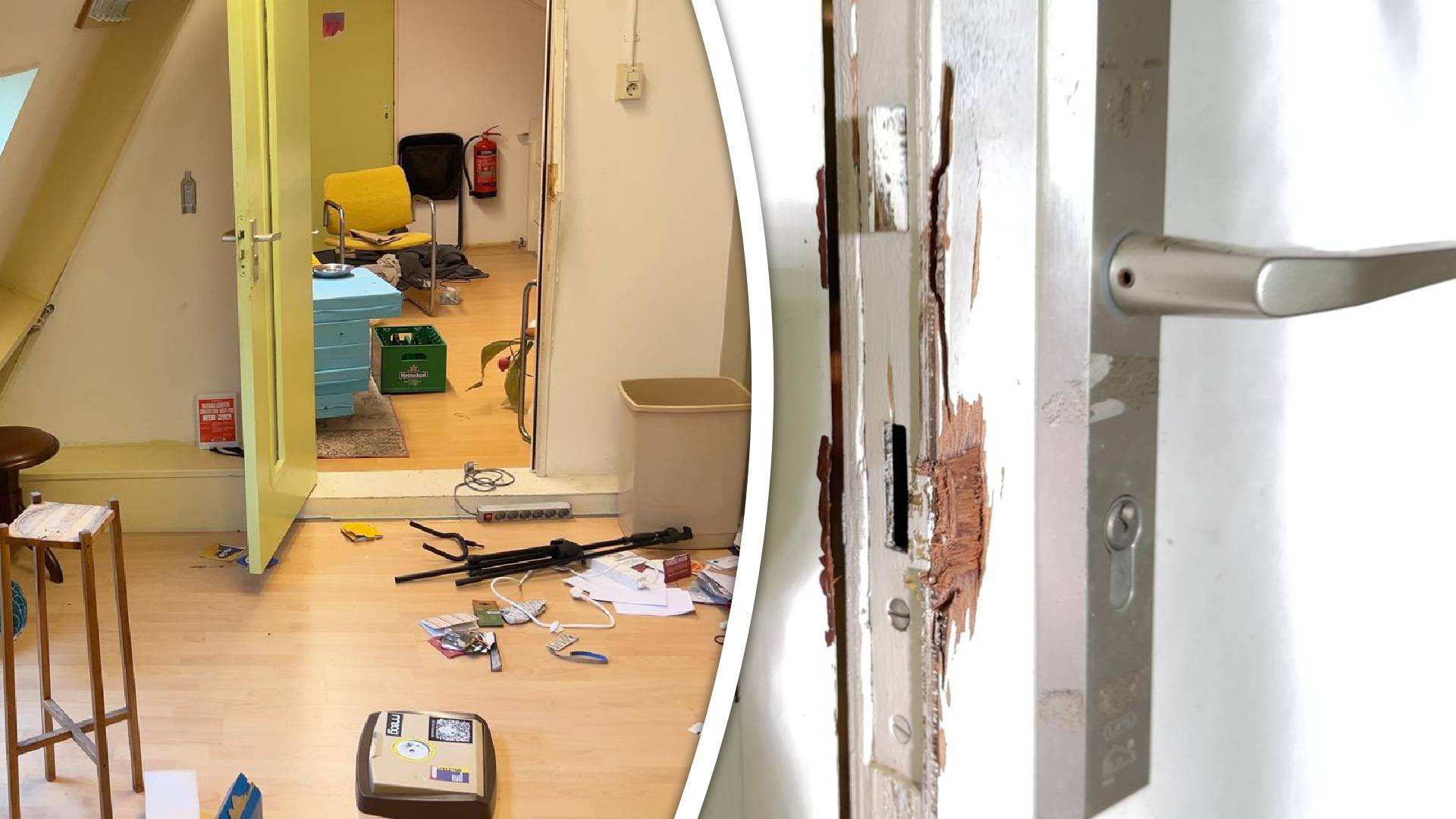 Troep en vernielde sloten na de inbraak in het muziekpand in de Agniesebuurt.