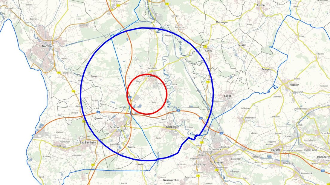 3 kilometer zone (rood) is een beschermingsgebied, de tien kilometerzone (blauw) is een toezichtsgebied