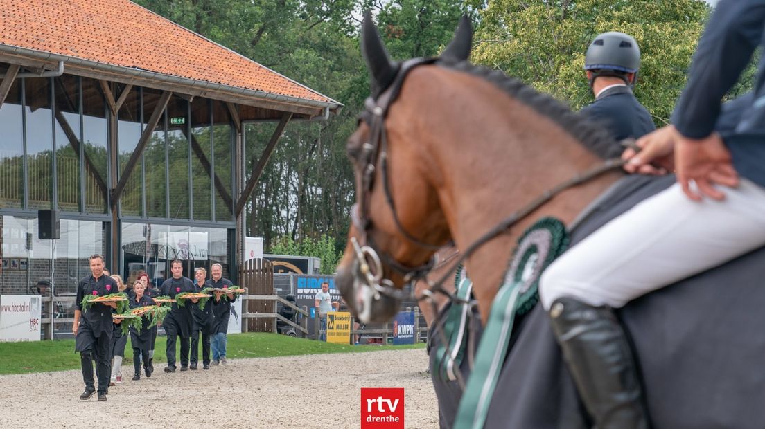 De paarden worden getrakteerd op schalen met wortels (Rechten: RTV Drenthe/Kim Stellingwerf)