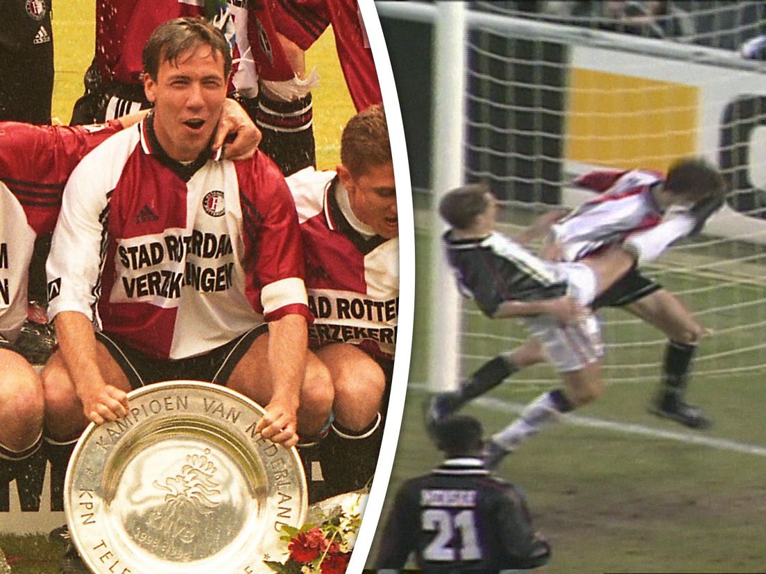 Links Jean-Paul van Gastel met de kampioensschaal in seizoen 1998-1999, rechts Kees van Wonderen die de schoen van Frank de Boer in het gezicht krijgt