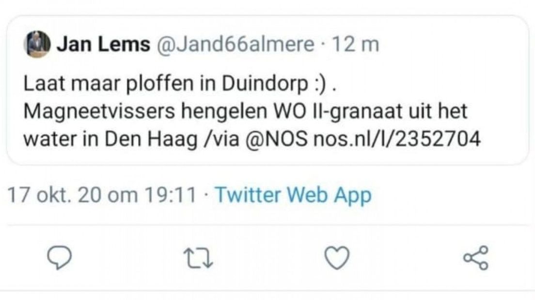 De tweet van raadslid Jan Lems is inmiddels verwijderd | Screenshot Twitter