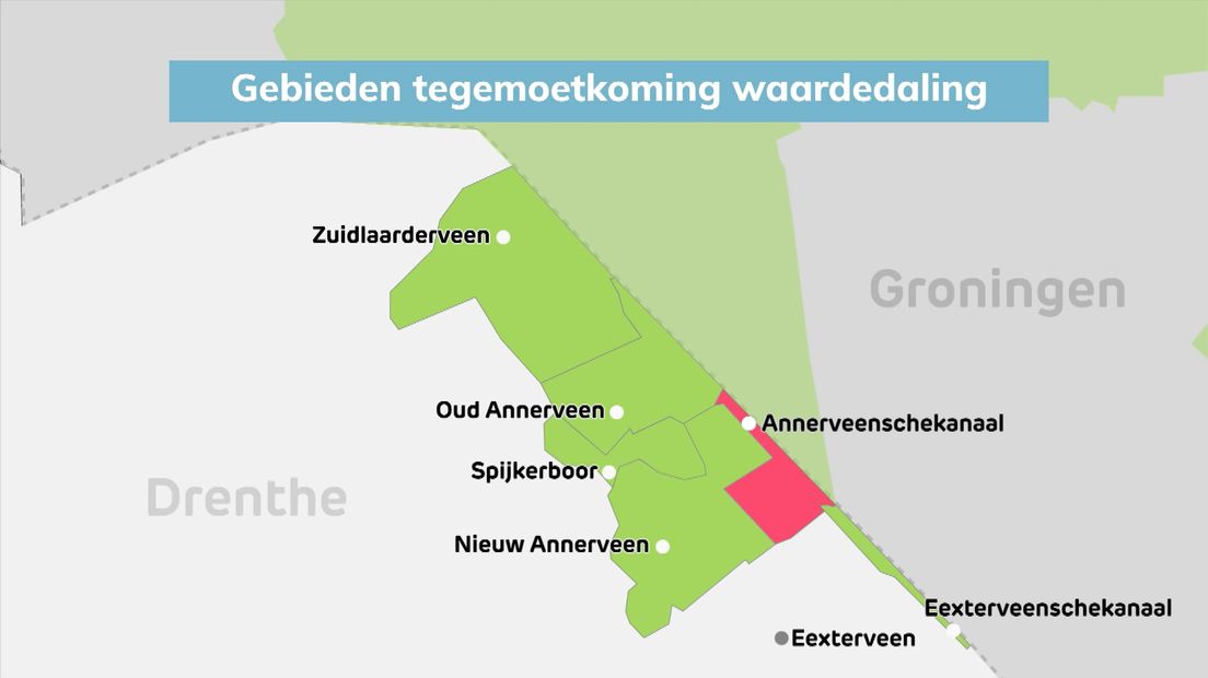 Het groene gebied valt binnen de regeling, Annerveenschekanaal (rood) en de grijze gebieden vallen er buiten