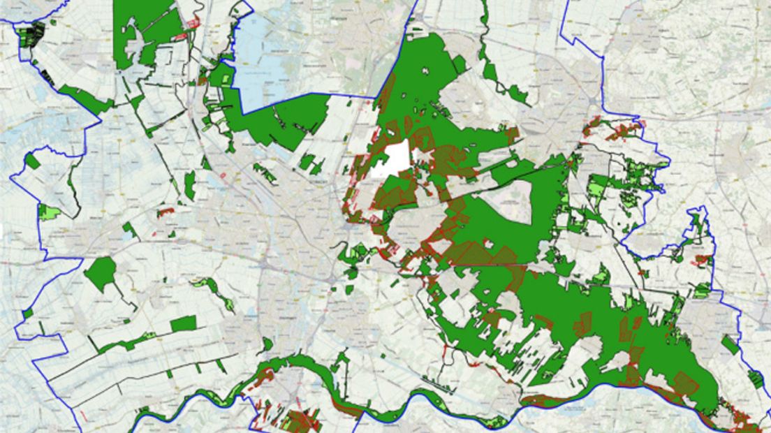 Donkergroen: Natuurnetwerk Nederland, lichtgroen: groene contour, rood: eigendom Utrechts Landschap