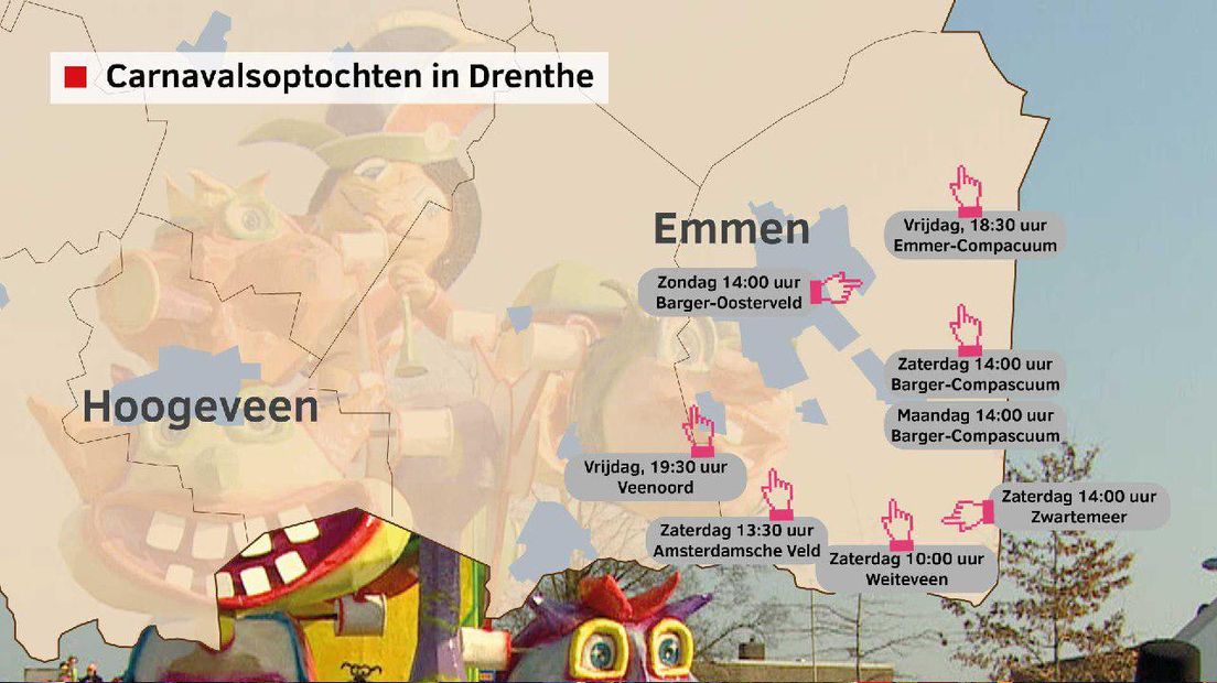 Overzicht van carnavalsoptochten (infographic: RTV Drenthe)