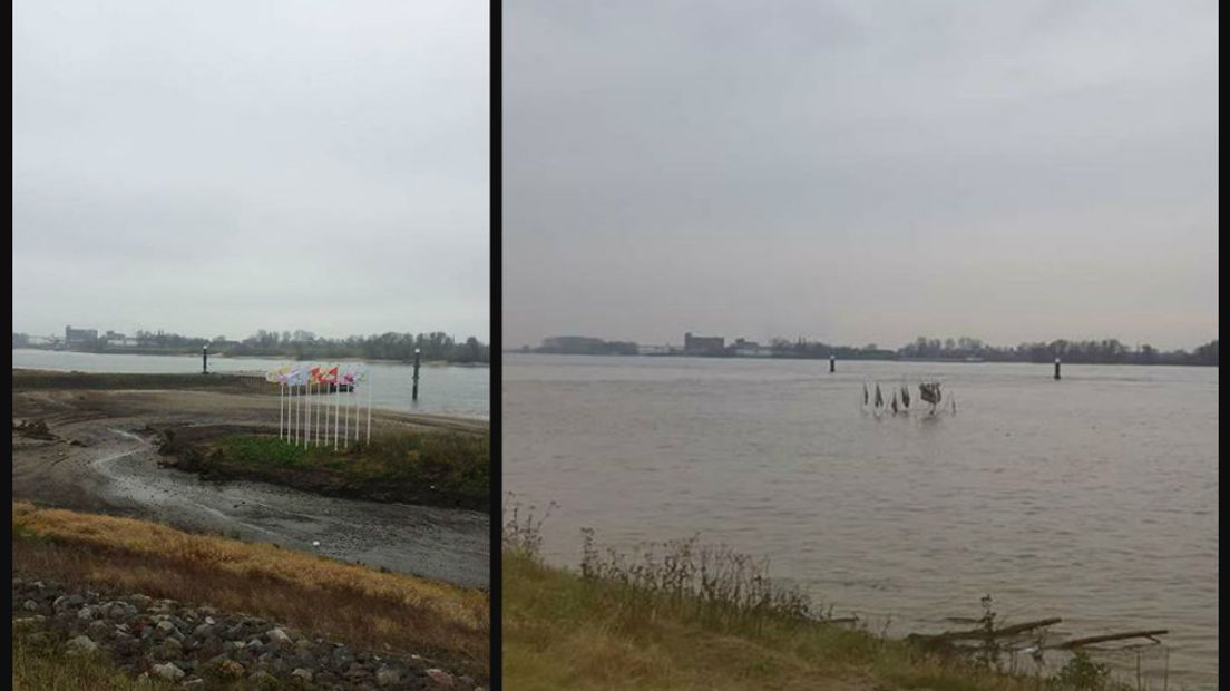 Dat het waterpeil in de Rijn flink is gestegen, blijkt wel uit de foto's die we kregen van Monica Van Vossen Van Leur uit Spijk (zie boven).