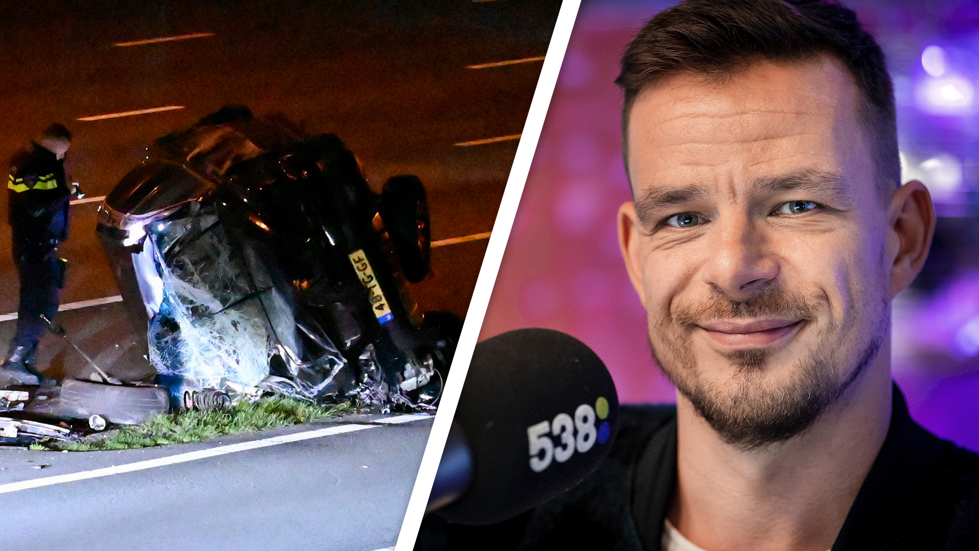 Radio-dj Niek van der Bruggen vliegt in zijn Volvo over de kop op de A2, hond Puck is kwijt