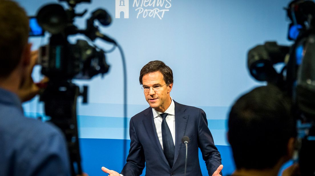 Premier Rutte op zijn wekelijkse persconferentie.